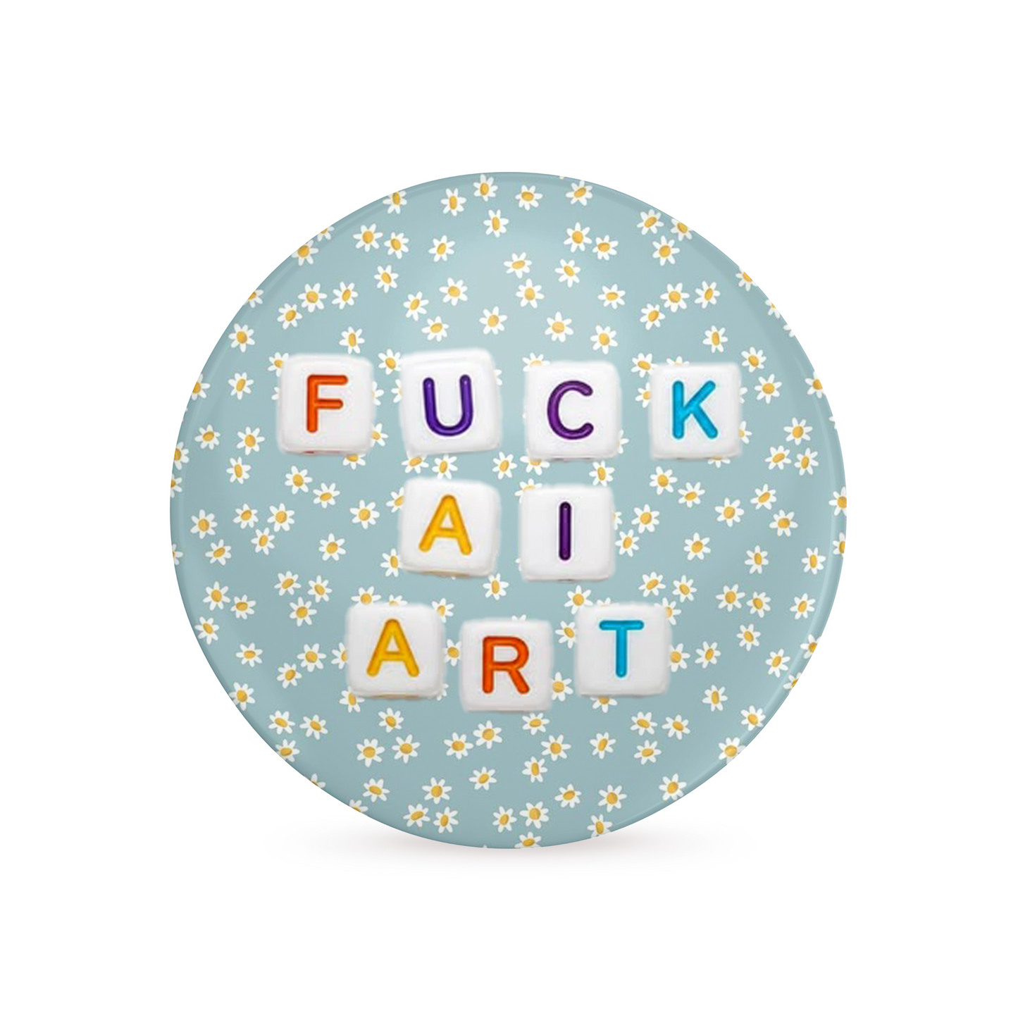 Round blue coaster with floral pattern and colorful text on a white background