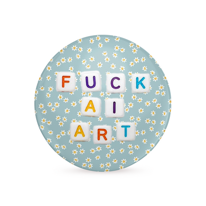 Round blue coaster with floral pattern and colorful text on a white background
