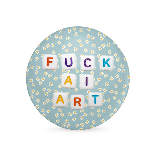 Round blue coaster with floral pattern and colorful text on a white background