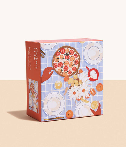 Illustrated book cover with a pizza and kitchen-themed design on a beige background