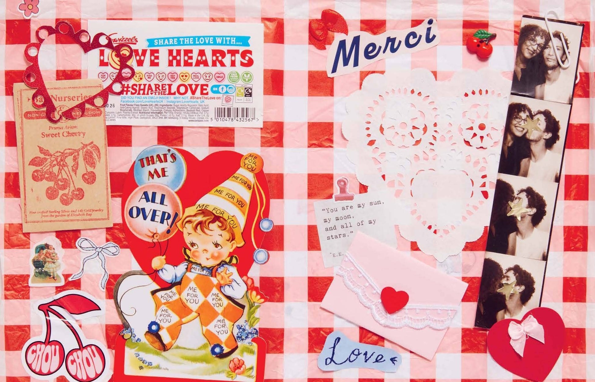 Collection of vintage-style Valentine's Day cards and decorations on a red and white checkered background. A Year of Junk Journaling Book