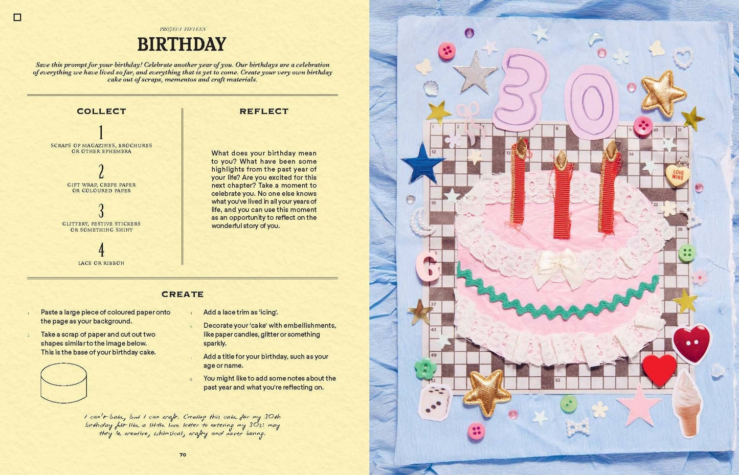 Page from a book or magazine with a birthday-themed layout, including a cake illustration and text.