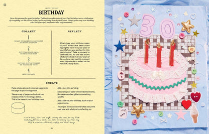 Page from a book or magazine with a birthday-themed layout, including a cake illustration and text.