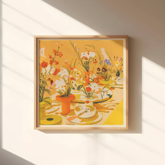 Framed artwork of a still life scene with flowers and tableware on a wall with sunlight casting shadows.