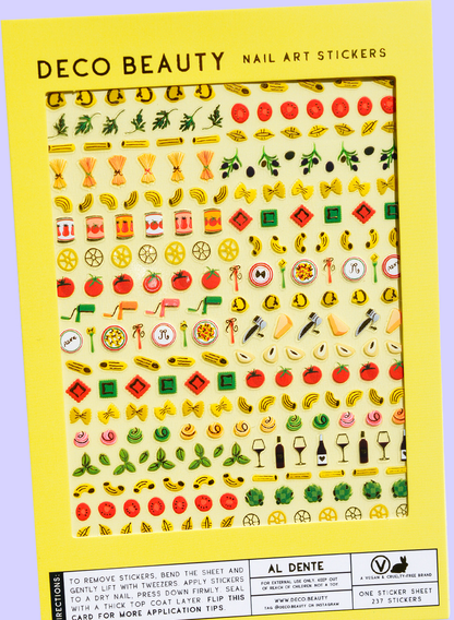 Deco Beauty nail art stickers packaging with various small images on a yellow background