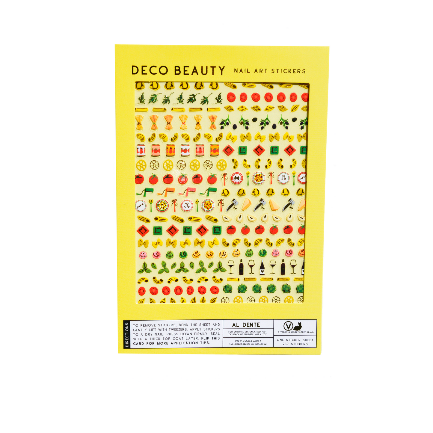 Box of Deco Beauty nail art stickers with various designs on a yellow background