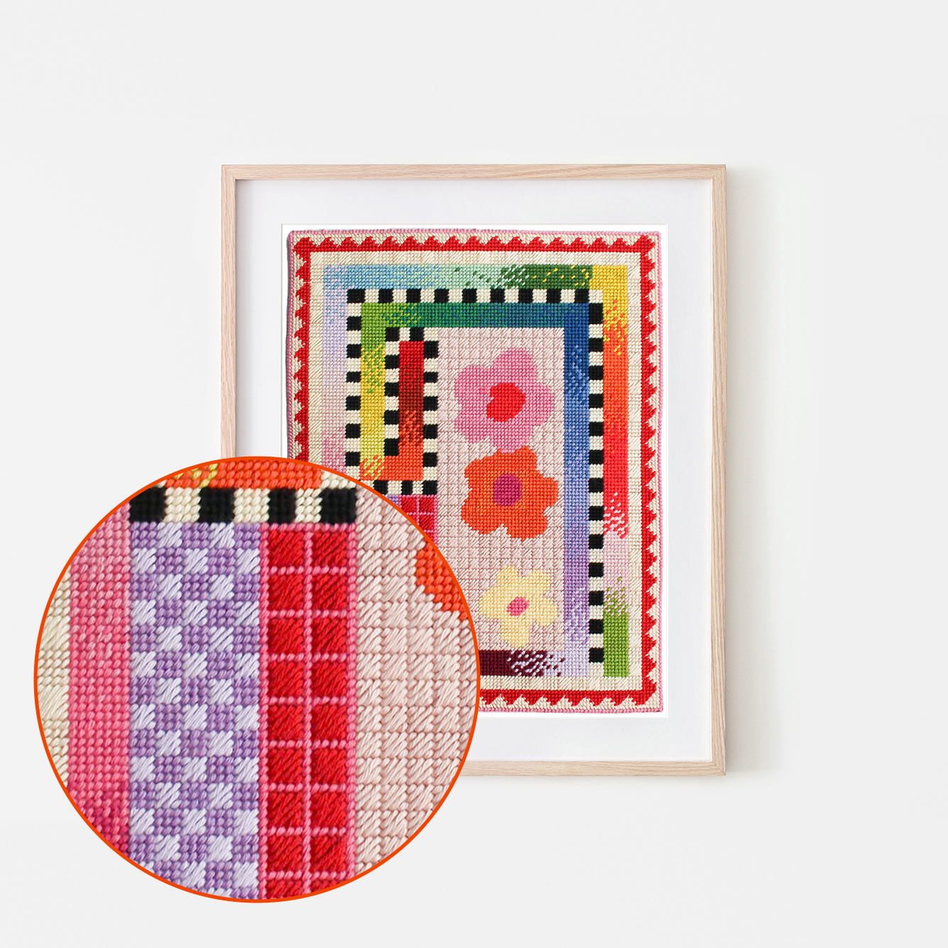 Framed needle point artwork with colorful patterns on a white background, Amusant No.2 Needlepoint Art Print