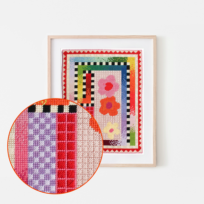 Framed needle point artwork with colorful patterns on a white background, Amusant No.2 Needlepoint Art Print