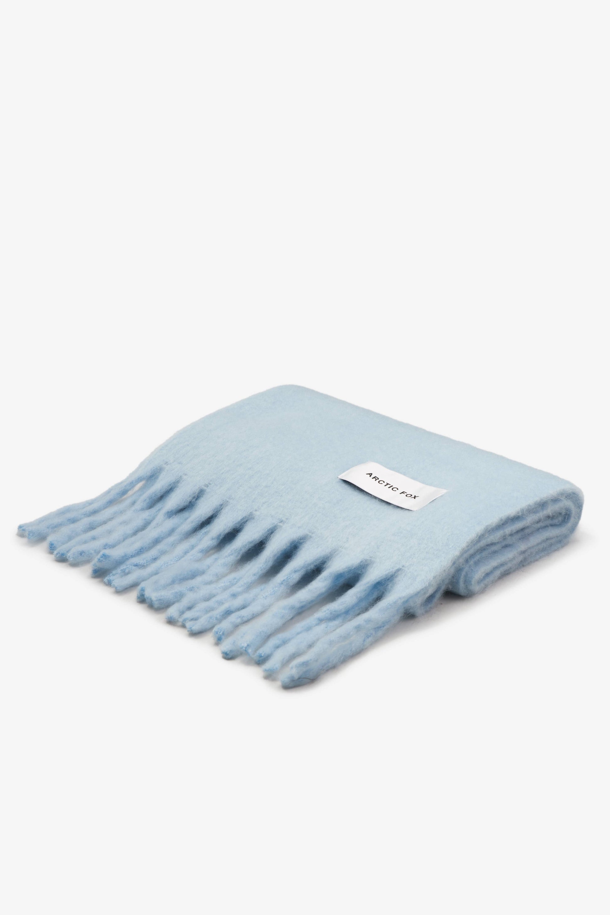 Light blue scarf with fringes on a white background, Baby Blue Recycled Bottle Stockholm Scarf