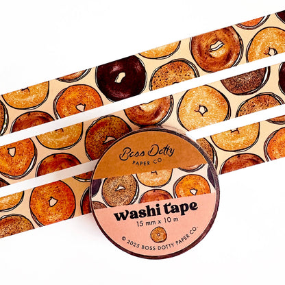 Washi tape with donut pattern and 'Boss Dotty Paper Co' branding on a white background
