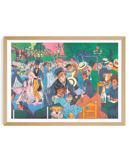 Framed artwork of a lively outdoor scene with people and dogs in a park setting. Bal du moulin de la Galette Art Print