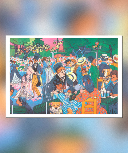 Colorful artwork of a lively outdoor scene with people and dogs. Bal du moulin de la Galette Art Print