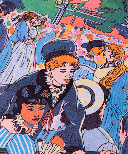 Colorful illustration of a woman in a Victorian-style dress with other women in a crowd. Bal du moulin de la Galette Art Print