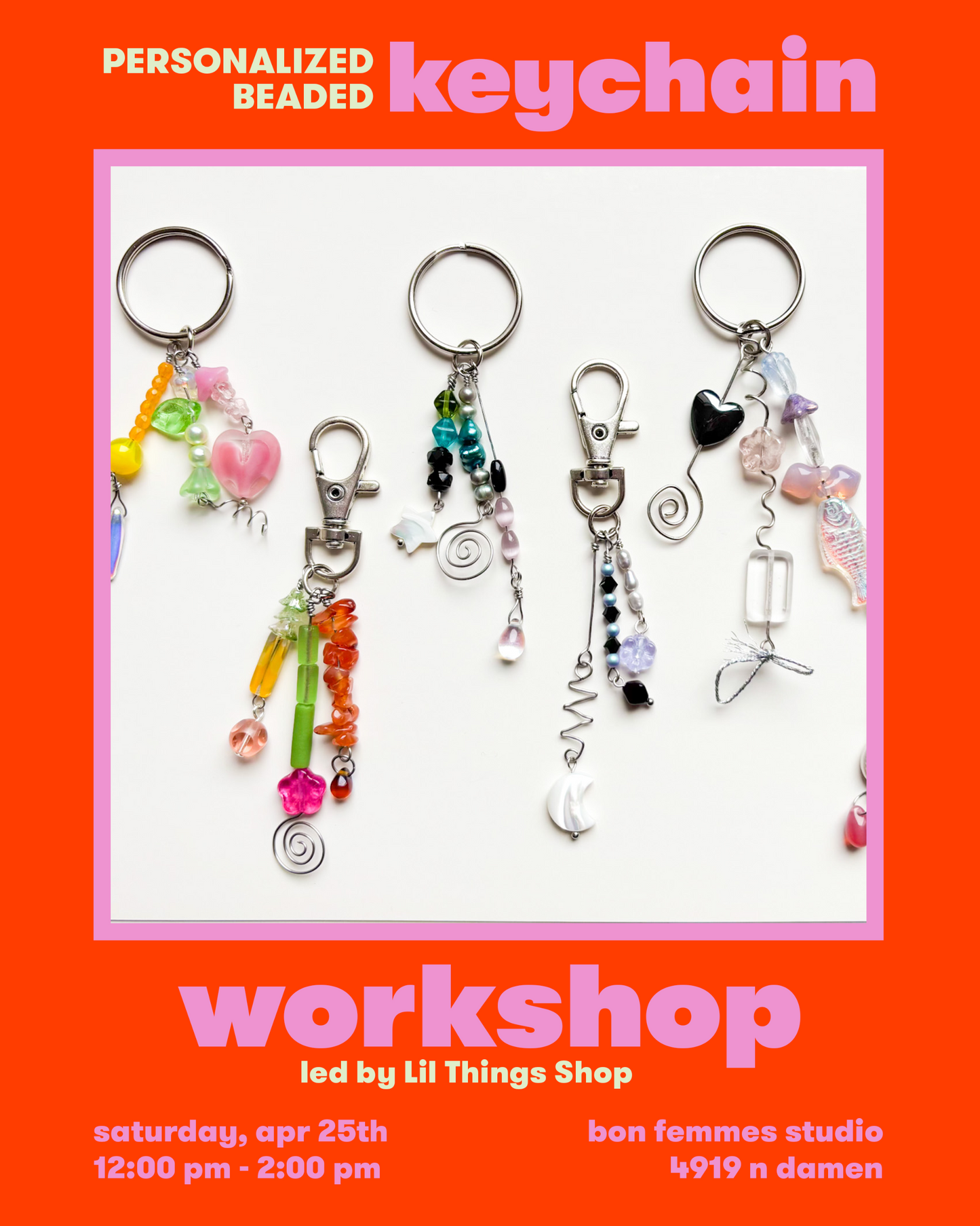 Advertisement for a personalized keychain workshop with colorful keychains on an orange background.