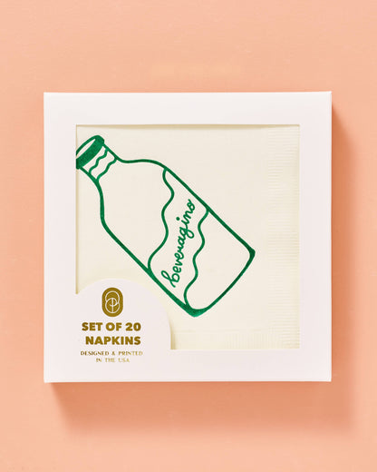 Packaging of napkins with a bottle design on a peach background. Beveragino Green and White Paper Cocktail Napkins