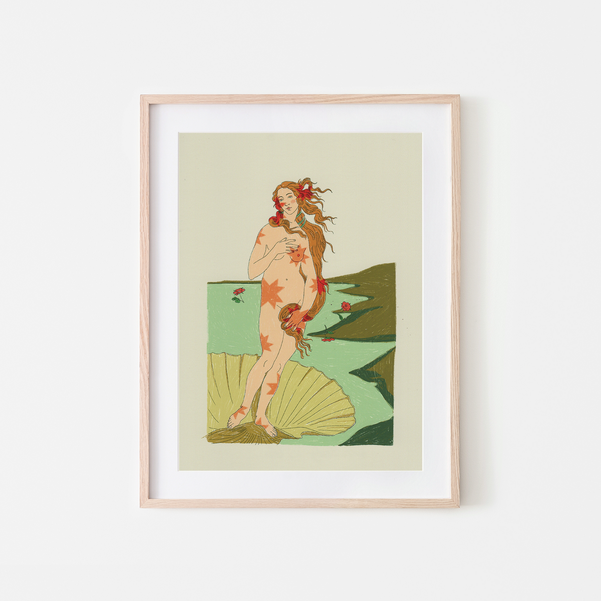A framed art print featuring a stylized illustration of a nude woman with red star-like markings, standing on a shell against a muted green and beige background, shown in a light wood frame with a white mat.