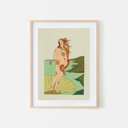 A framed art print featuring a stylized illustration of a nude woman with red star-like markings, standing on a shell against a muted green and beige background, shown in a light wood frame with a white mat.