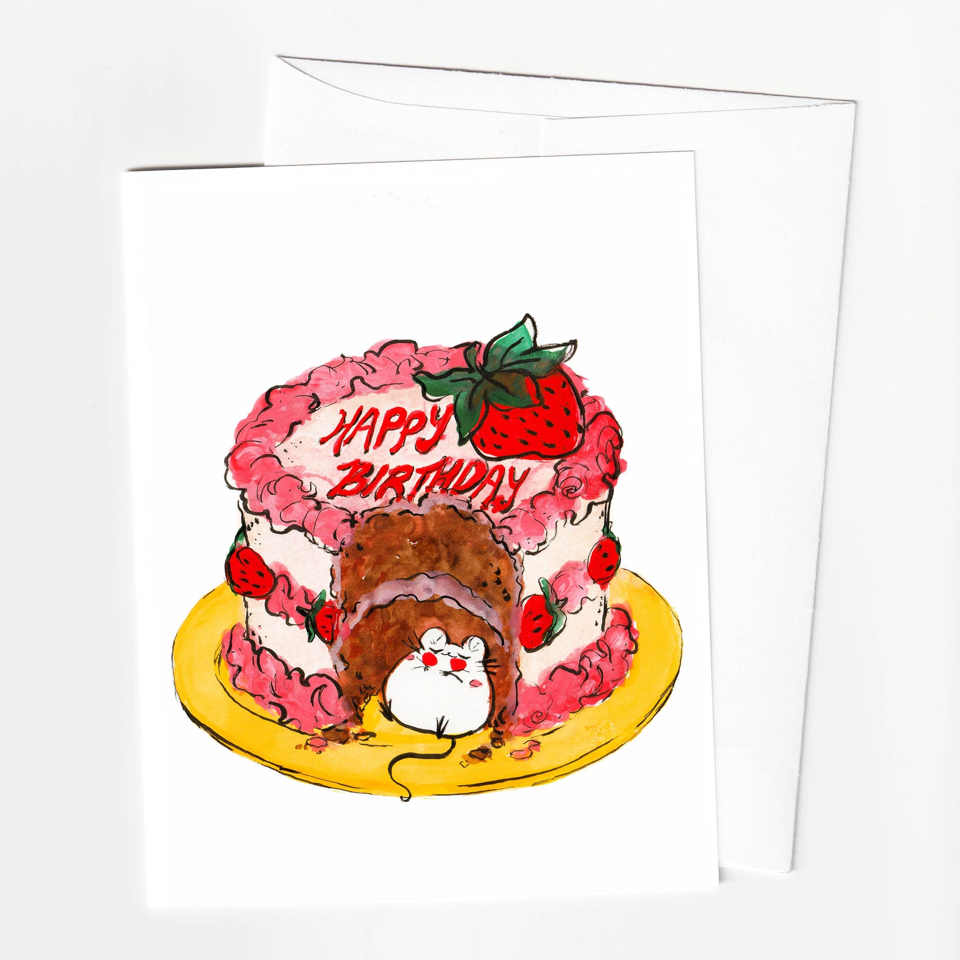 Illustration of a birthday cake with 'Happy Birthday' text on a white background