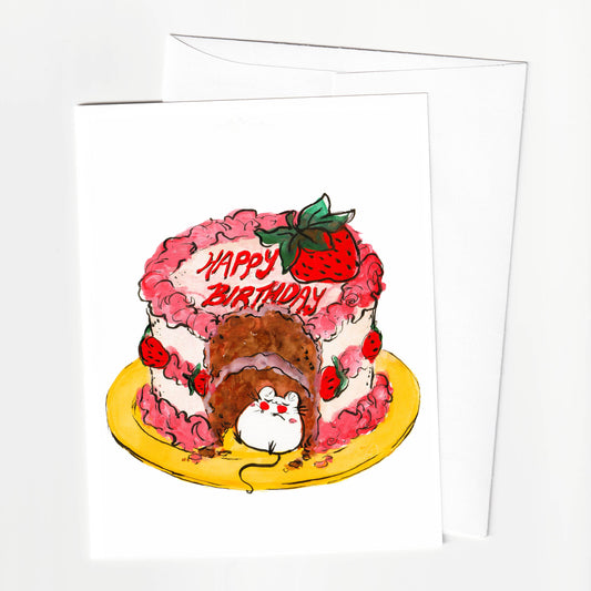 Illustration of a birthday cake with 'Happy Birthday' text on a white background