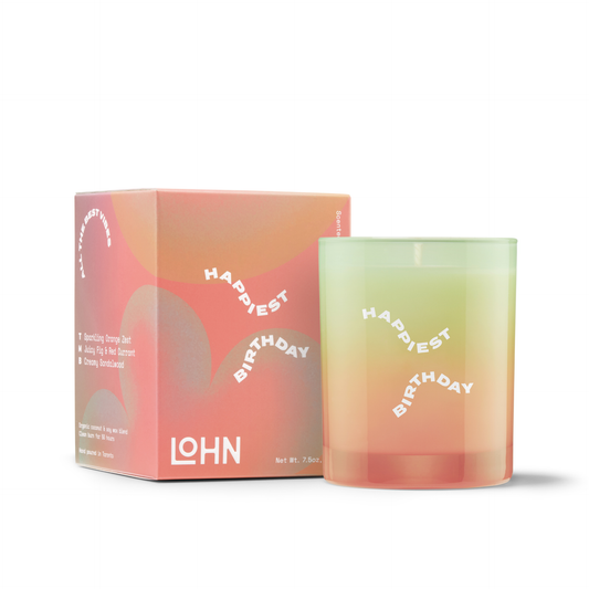 Gradient candle with 'Happiest Birthday' text and packaging on a white background