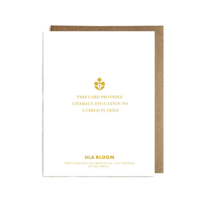 Ula Bloom card with gold text and logo on a white background