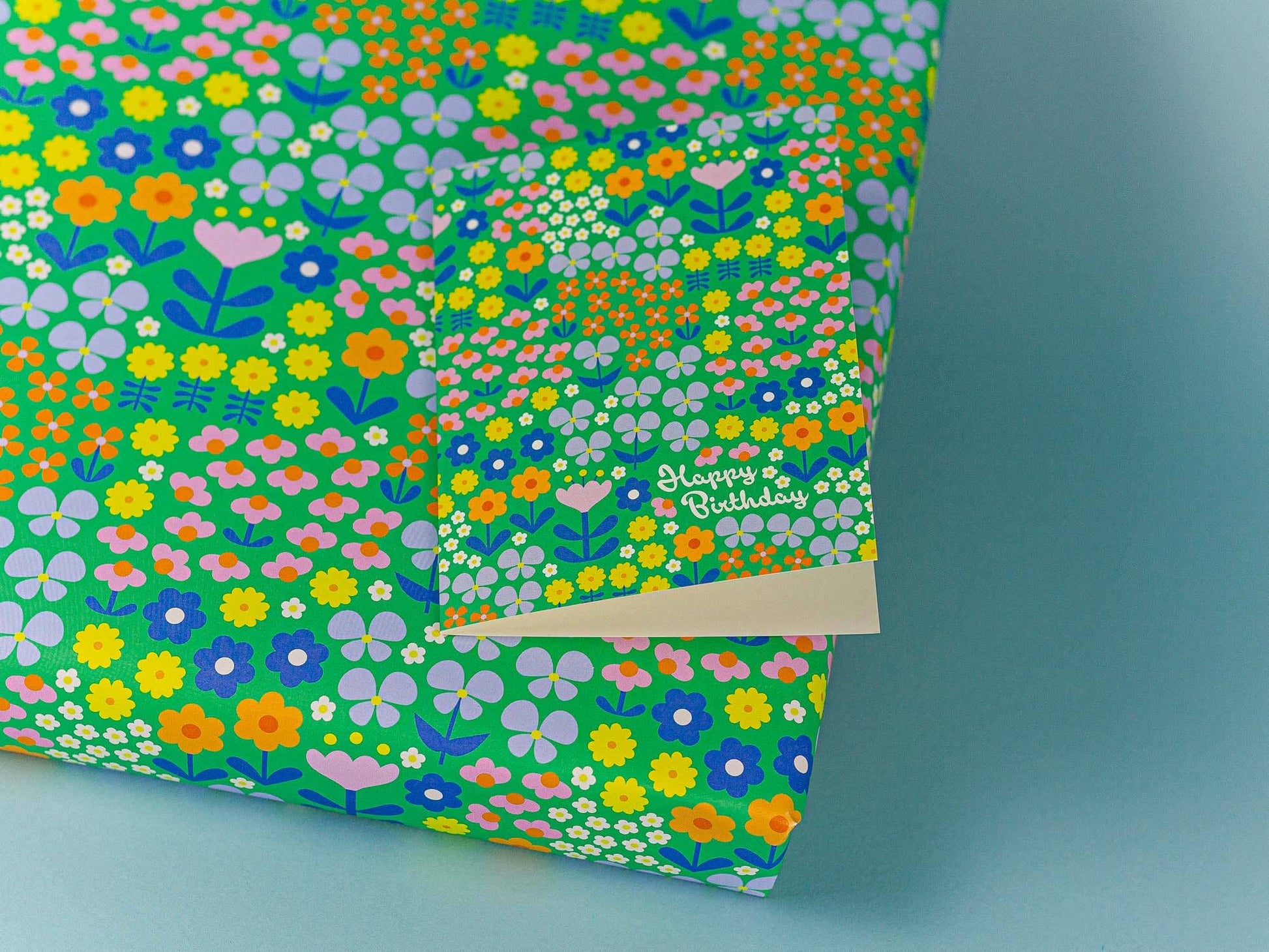 Floral patterned paper with 'Happy Birthday' text on a blue background