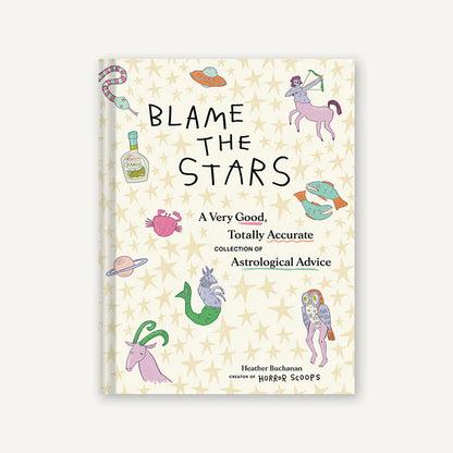 Book cover of 'Blame the Stars' with astrological designs on a light background