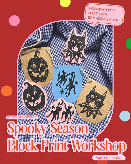 Promotional poster for a Spooky Season Block Print Workshop with Halloween-themed designs on a checkered fabric background.