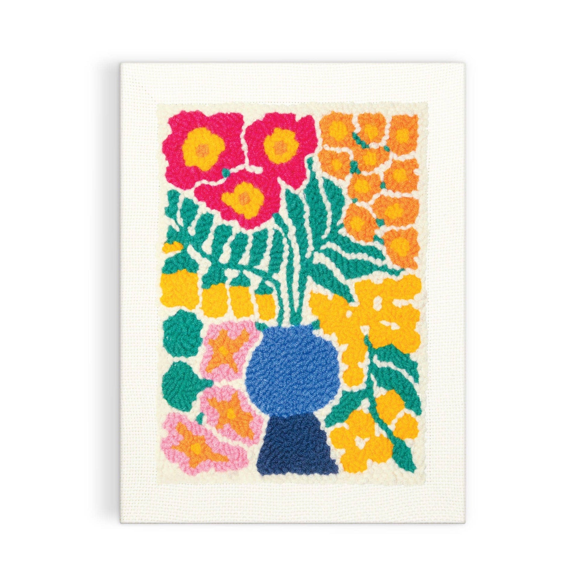 Colorful floral design with a blue vase on a white background