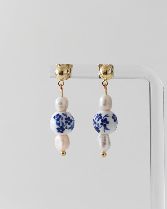 Blue Porcelain Bead and Pearl Stud Earrings