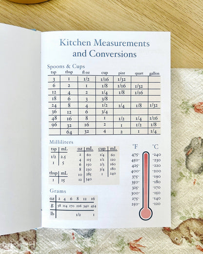 Kitchen measurements and conversions chart on a book page with a floral patterned fabric background.