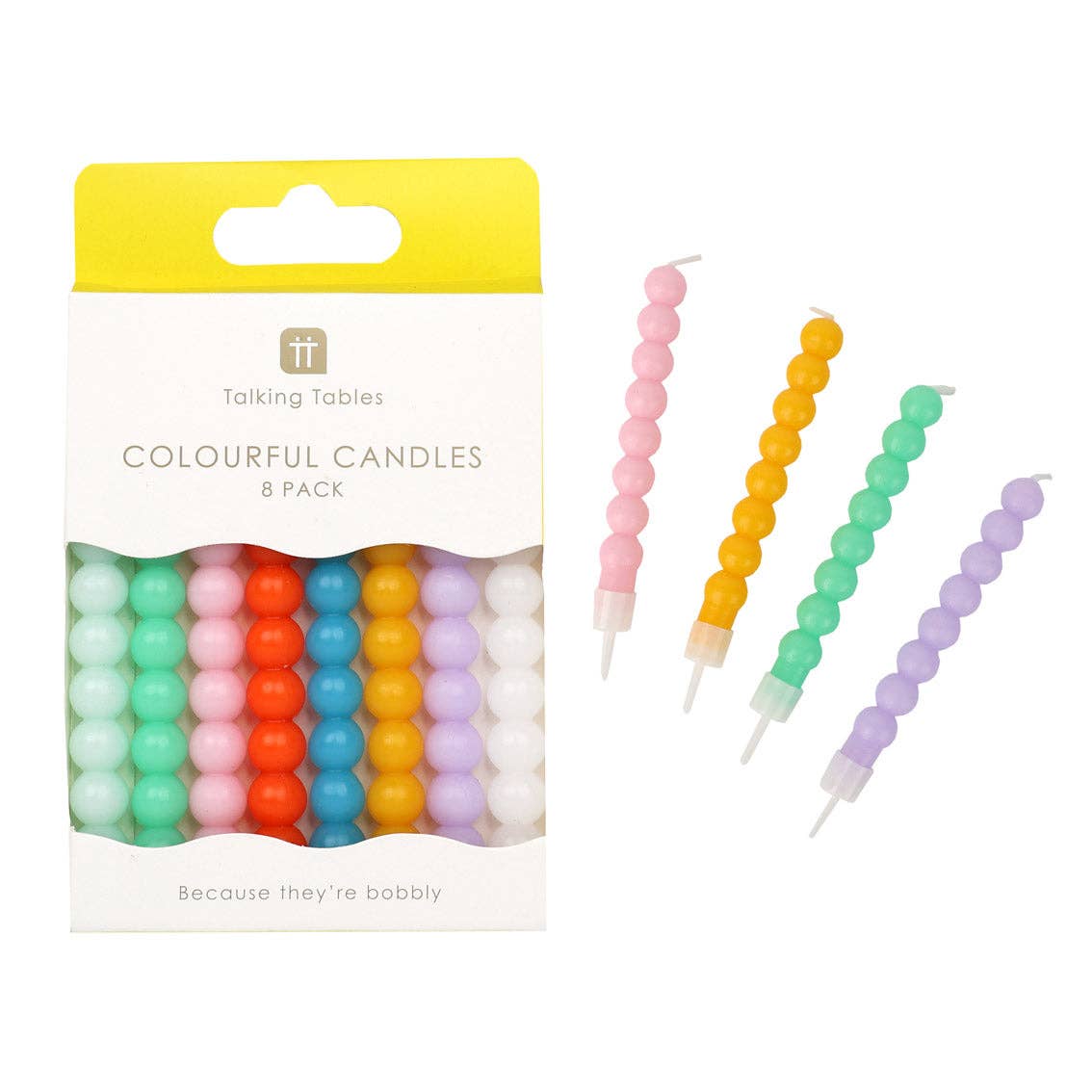 Packaged colorful bobbly candles with a sample outside the packaging on a white background