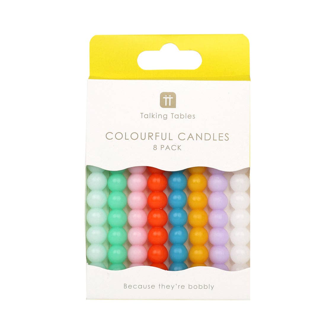 Pack of colorful candles with a yellow top and white bottom, featuring the brand 'Talking Tables'.