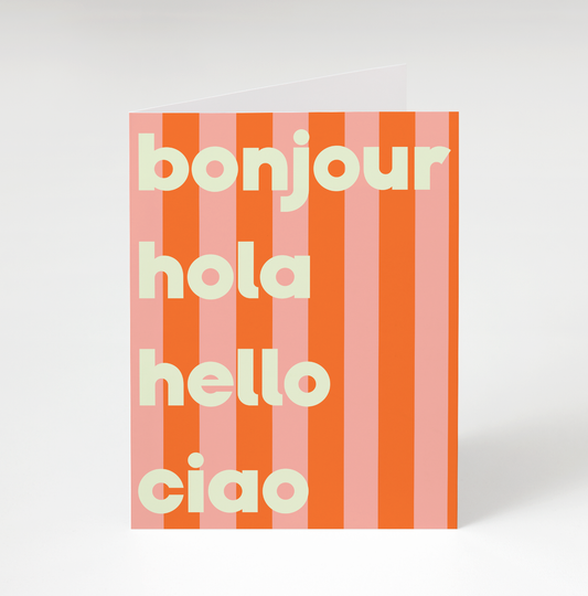 Bonjour Hola Hello Greeting Card - Pink