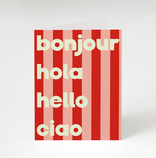 Bonjour Hola hello Greeting Card - Red