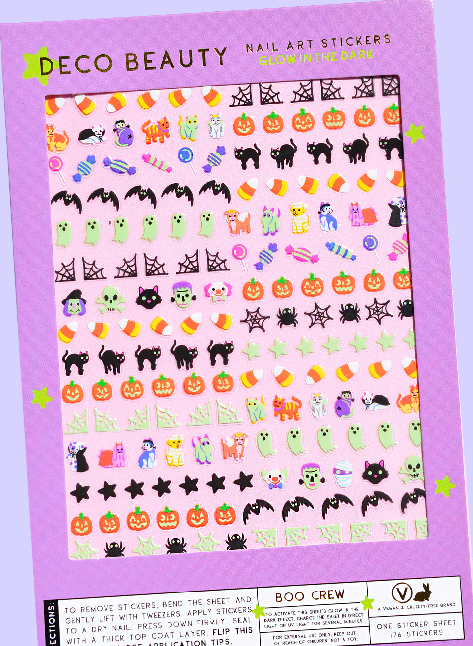 Halloween-themed nail art stickers on a purple sheet with 'Deco Beauty'. Boo Crew Glow in The Dark Nail Art Stickersbranding.
