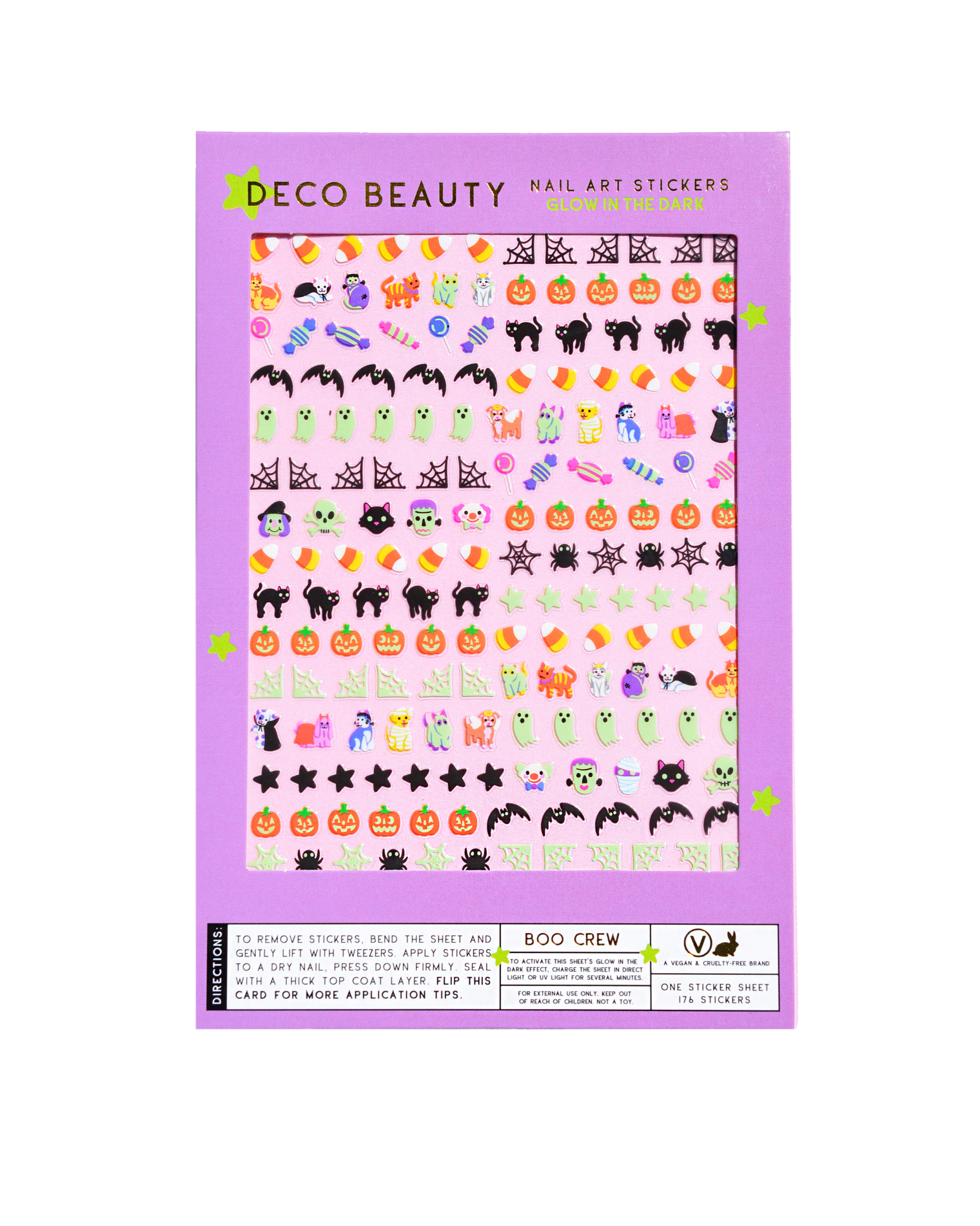 Halloween-themed nail art stickers on a purple card with 'Deco Beauty'. branding. Boo Crew Glow in The Dark Nail Art Stickers