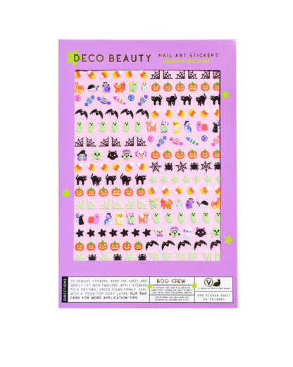 Halloween-themed nail art stickers on a purple card with 'Deco Beauty'. branding. Boo Crew Glow in The Dark Nail Art Stickers