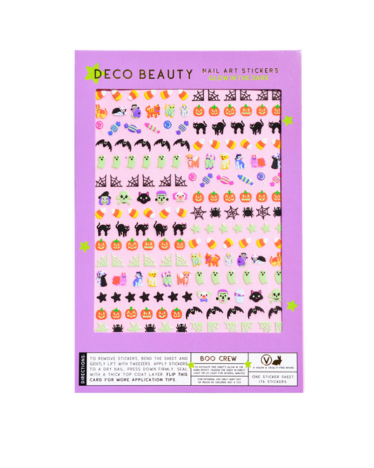 Halloween-themed nail art stickers on a purple card with 'Deco Beauty'. branding. Boo Crew Glow in The Dark Nail Art Stickers