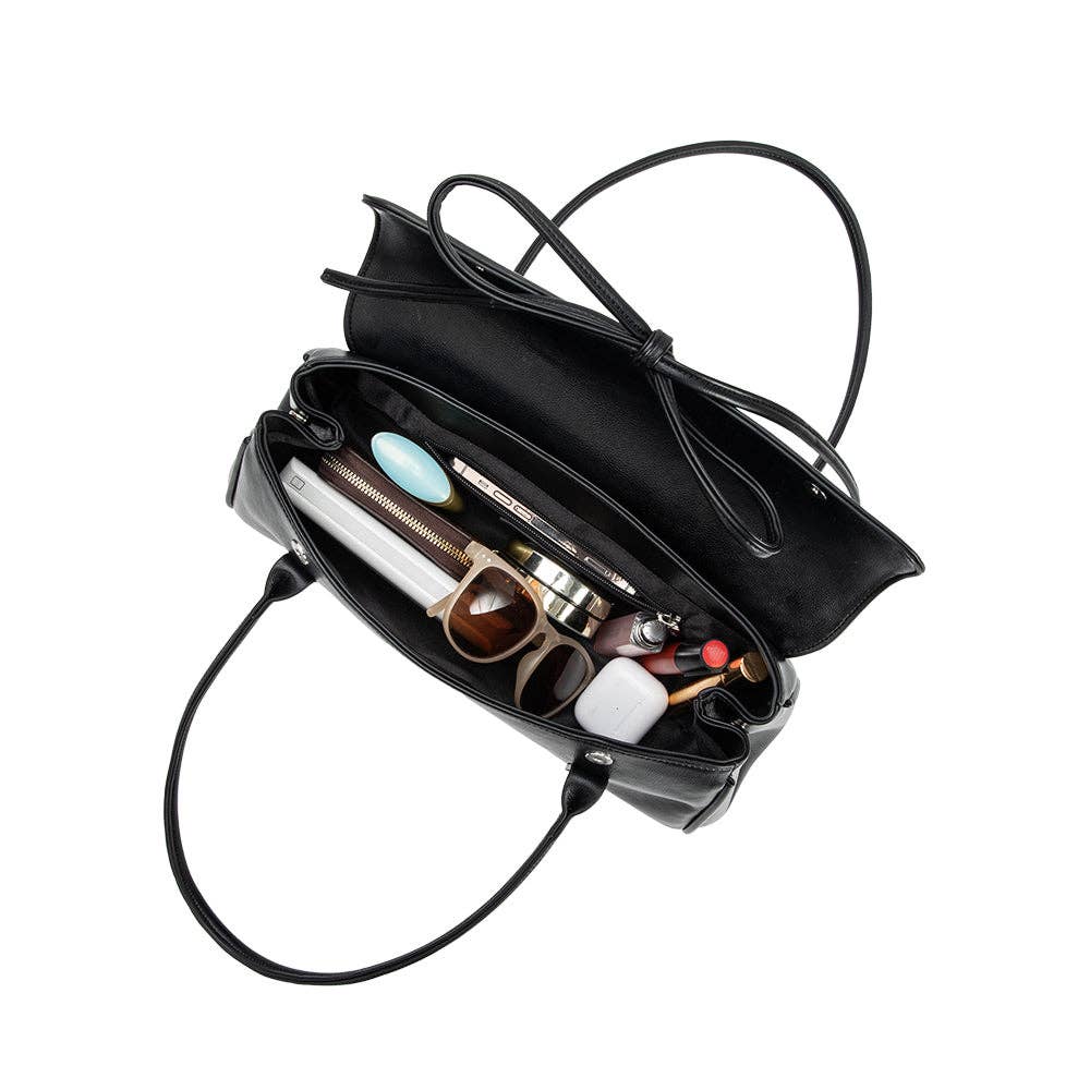 Black handbag with its interior open, showing various items on a white background, Bowie Shoulder Bag, Melie Bianco