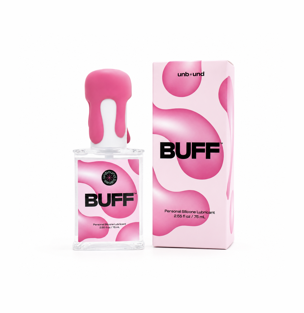 A bottle of unibund BUFF Personal Silicone Lubricant next to its retail box, both featuring a pink and white wavy pattern with bold black 'BUFF' branding.