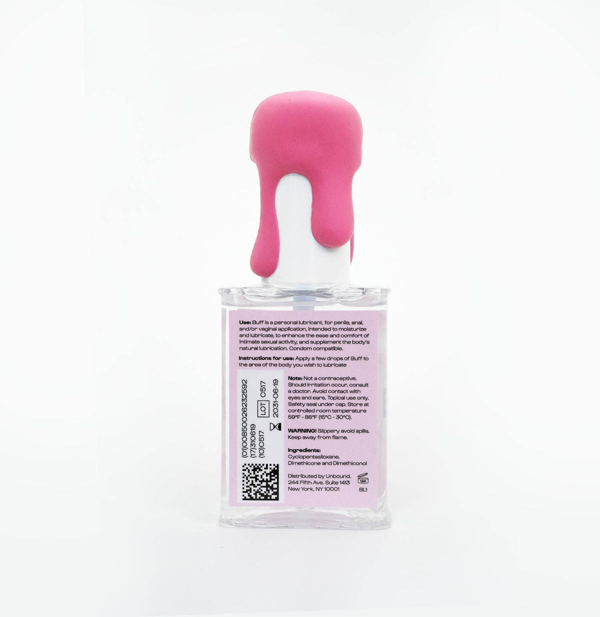 The back of a clear plastic bottle of Dr. Brandt's Beauty Care hair product, featuring a bright pink dripping wax seal on the cap and a white label with black text and a QR code.