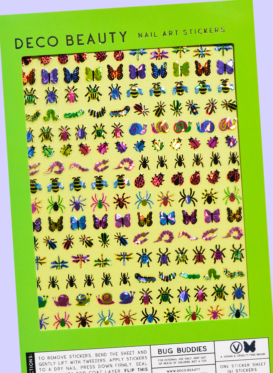 Packaging of Deco Beauty nail art stickers with colorful designs on a green background