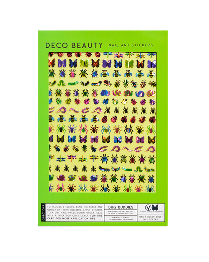 Deco Beauty nail art stickers packaging with colorful bug designs on a green background