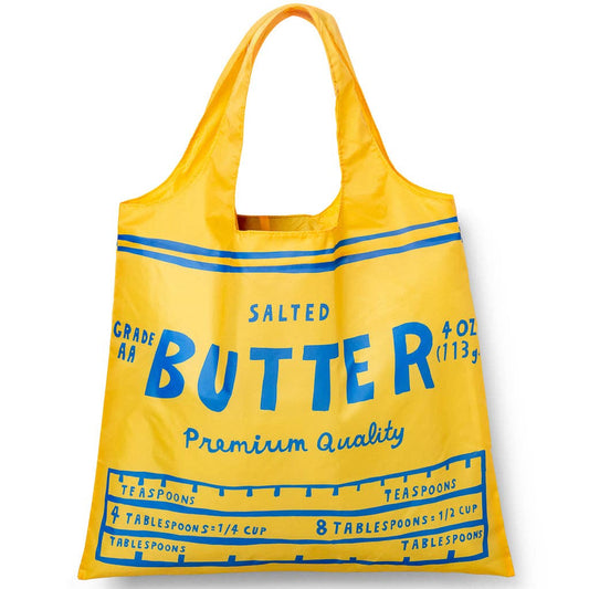 Yellow tote bag with blue text and design on a white background