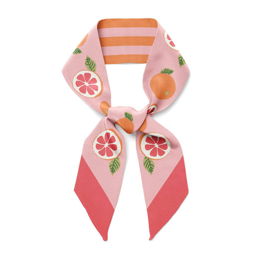 Pink and orange striped scarf with fruit designs on a white background, California Pomelo Ribbon Silk Scarf