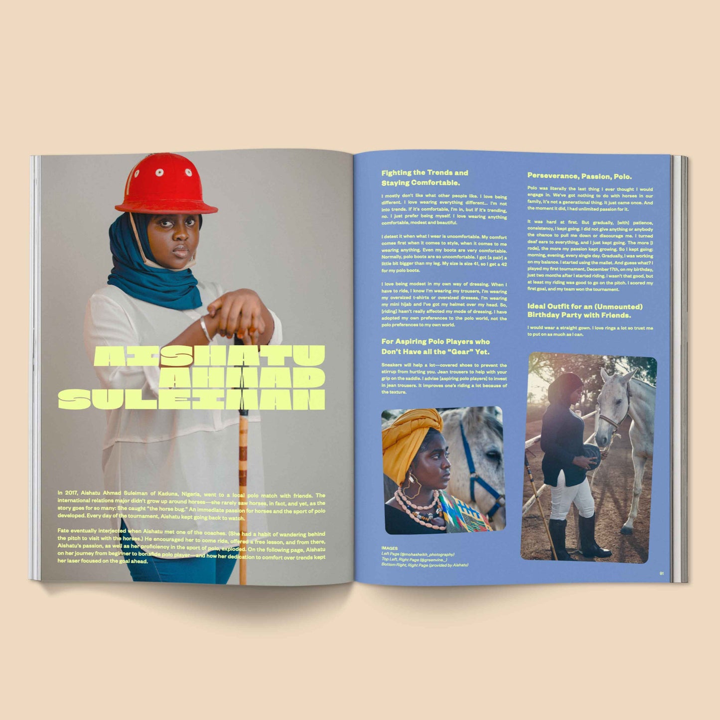Open magazine with a person wearing a red helmet and blue headscarf on the left page, and text and images on the right page. Calling All Horse Girls Magazine, Vol. 3