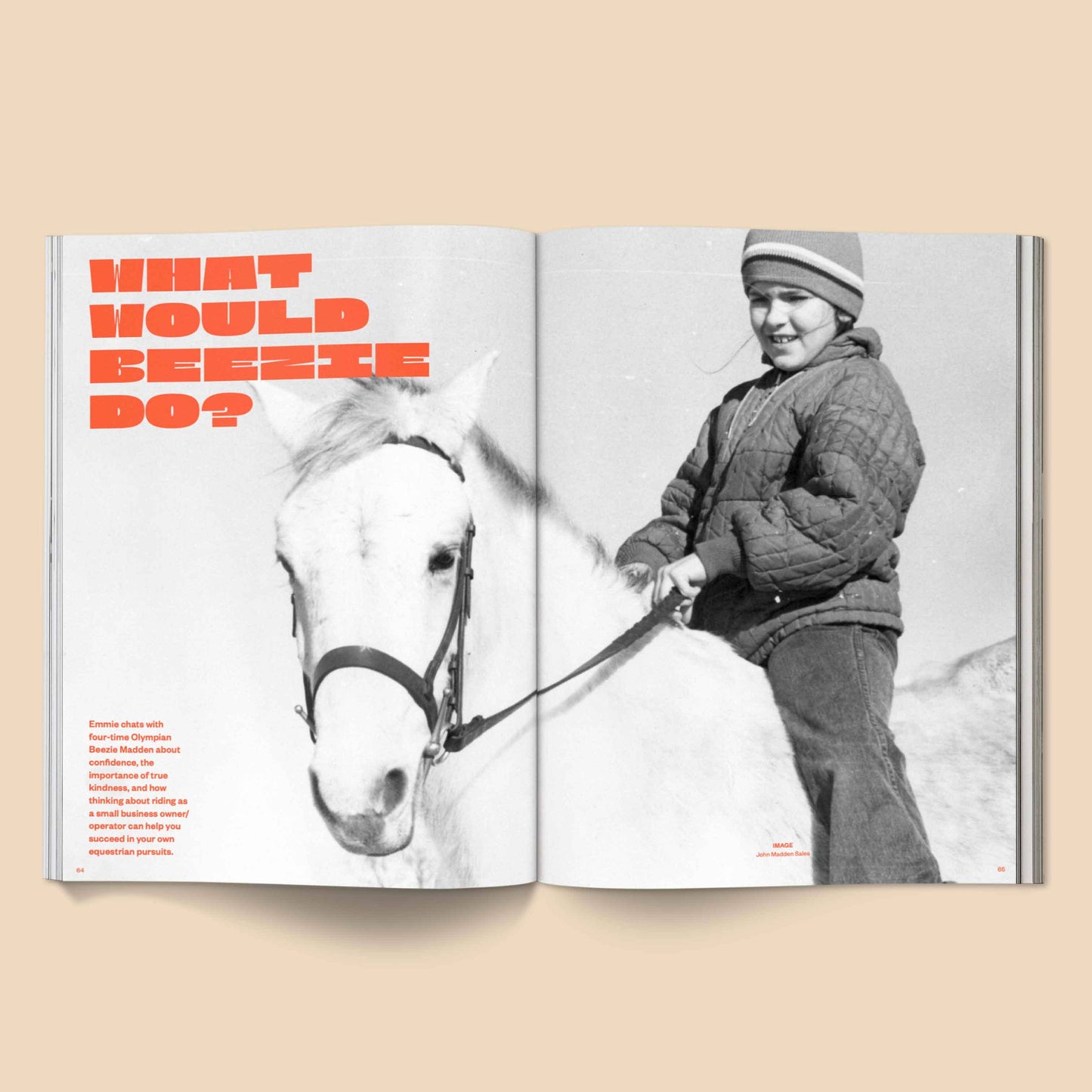 Magazine spread with a black and white photo of a child on a horse and red text on a beige background. Calling All Horse Girls Magazine, Vol. 3
