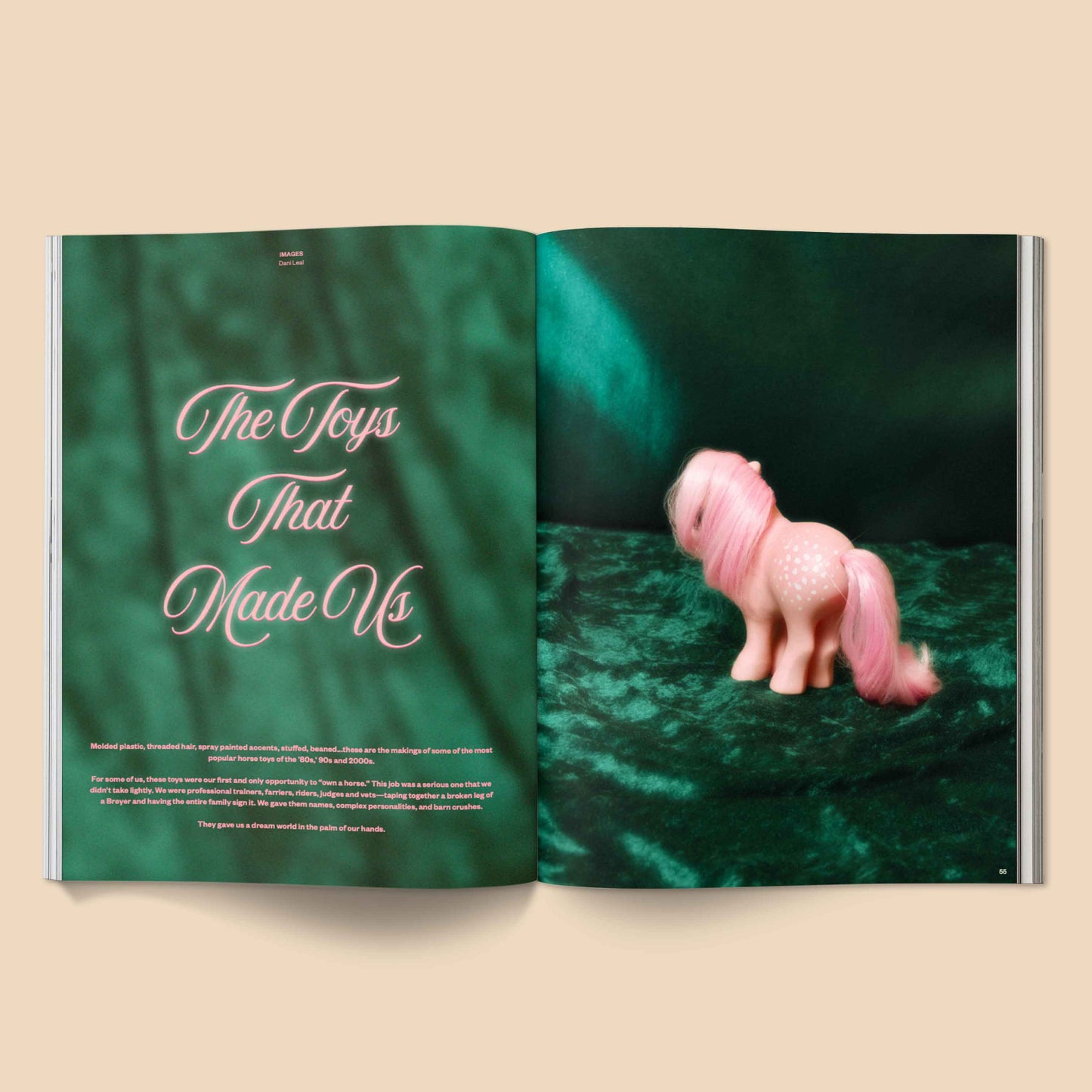 Open magazine with a pink toy horse on a green textured background, Calling All Horse Girls Magazine, Vol. 3