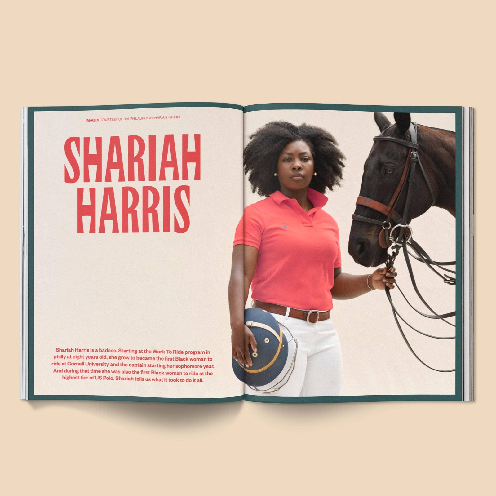Open book showing a person with a horse and text about Shariah Harris on a beige background. Calling All Horse Girls Magazine, Vol. 4